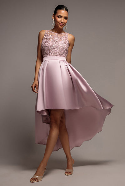 Blush - Goddiva Sequin & Satin Dipped Hem Midi Dress - Blush