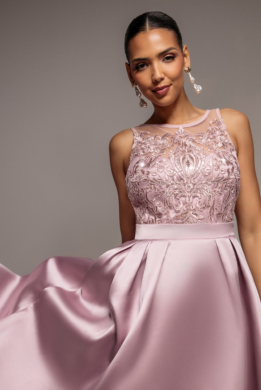 Goddiva Sequin & Satin Dipped Hem Midi Dress - Blush
