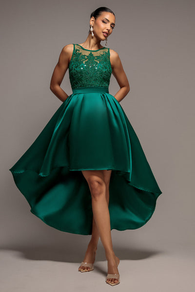 Emerald - Goddiva Sequin & Satin Dipped Hem Midi Dress - Emerald