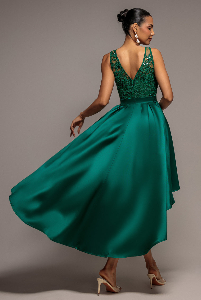 Goddiva Sequin & Satin Dipped Hem Midi Dress - Emerald