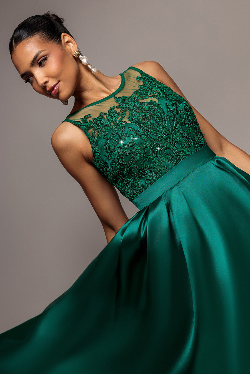 Goddiva Sequin & Satin Dipped Hem Midi Dress - Emerald