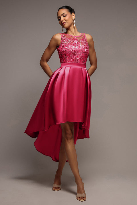 Goddiva Sequin & Satin Dipped Hem Midi  - Hot Pink