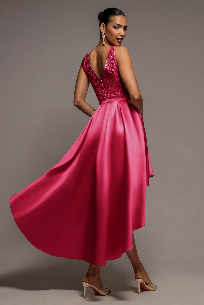 Goddiva Sequin & Satin Dipped Hem Midi  - Hot Pink