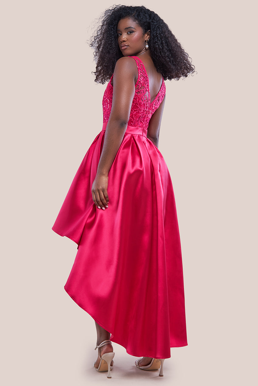 Goddiva Sequin & Satin Dipped Hem Midi  - Hot Pink