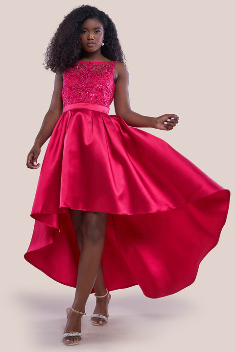 Goddiva Sequin & Satin Dipped Hem Midi  - Hot Pink