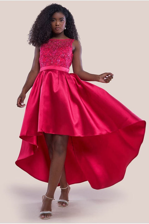 Goddiva Sequin & Satin Dipped Hem Midi  - Hot Pink