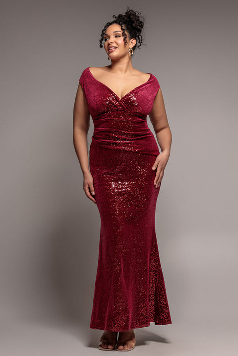 Goddiva Plus Sequin & Velvet Bardot Maxi Dress - Wine