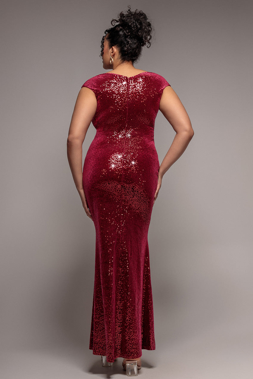 Goddiva Plus Sequin & Velvet Bardot Maxi Dress - Wine