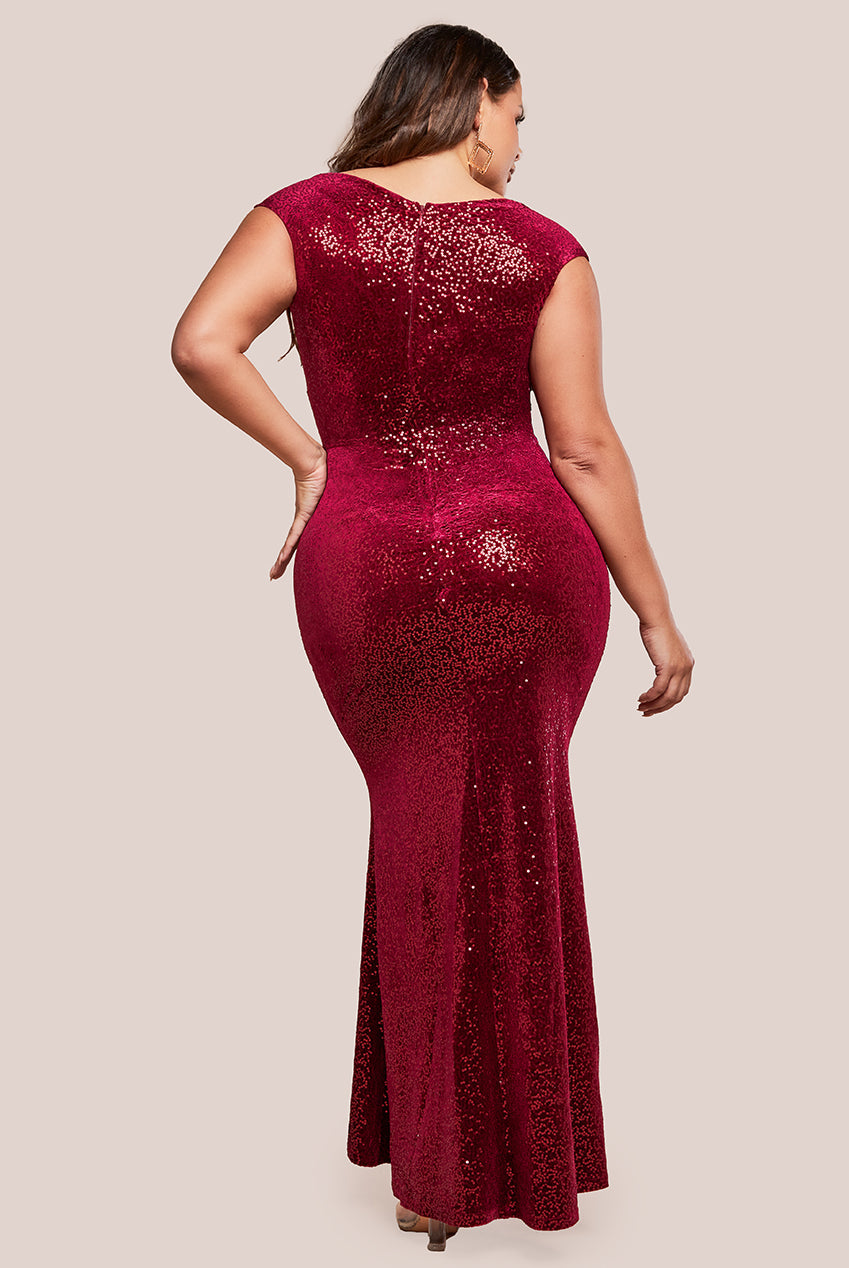 Goddiva Plus Sequin & Velvet Bardot Maxi Dress - Wine