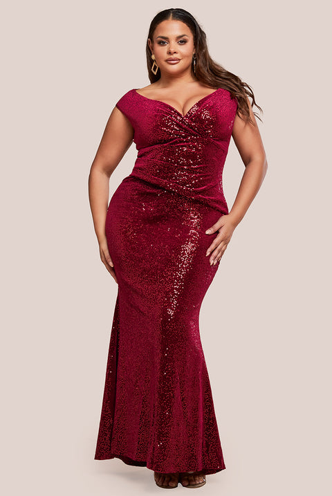 Goddiva Plus Sequin & Velvet Bardot Maxi Dress - Wine