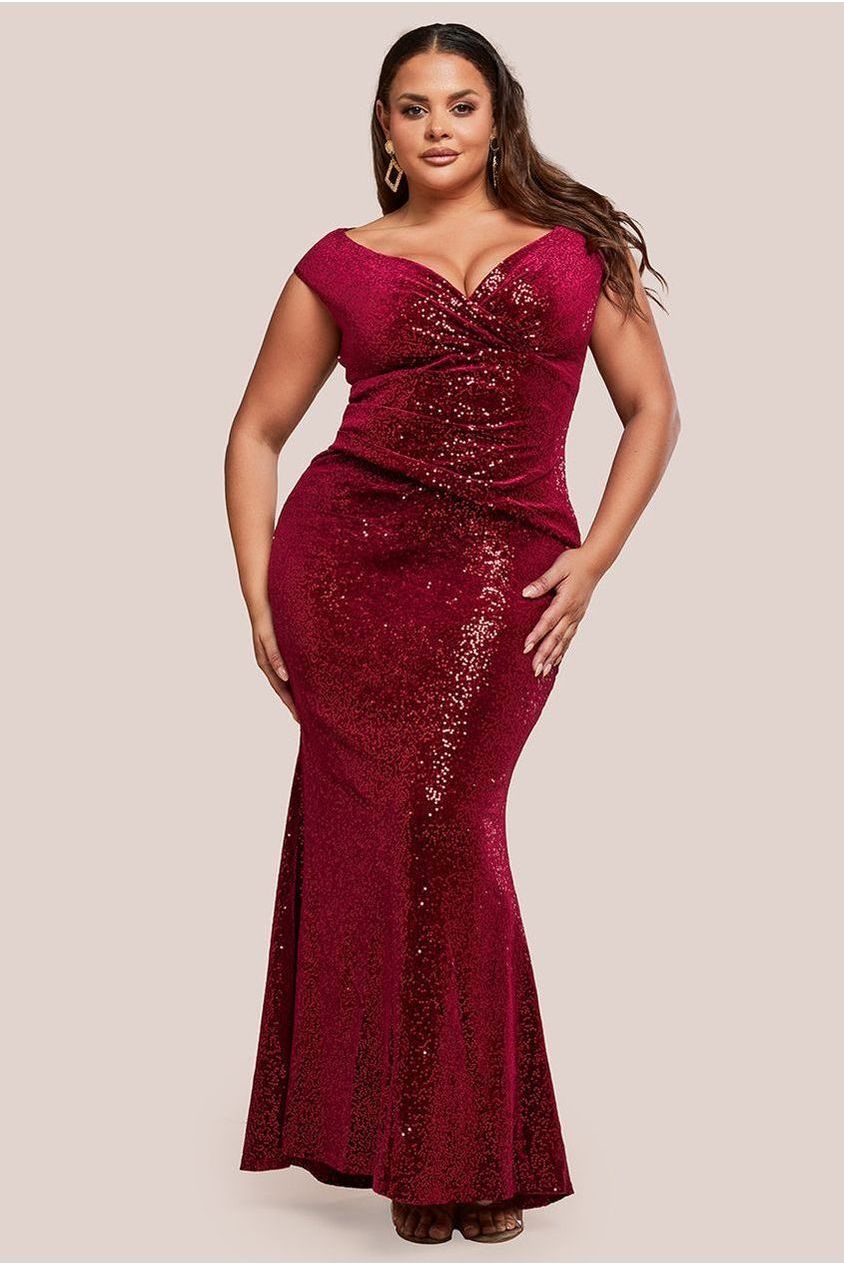 Goddiva Plus Sequin & Velvet Bardot Maxi Dress - Wine