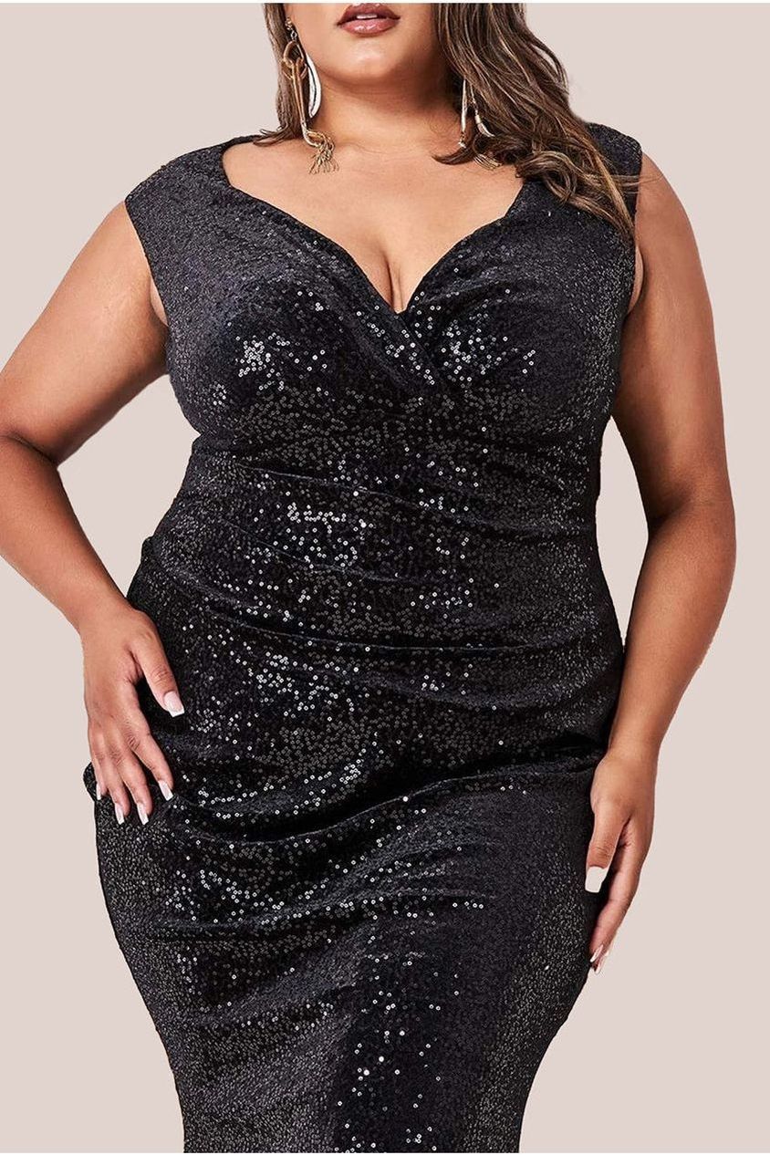 Goddiva Plus Sequin & Velvet Bardot Maxi Dress - Black