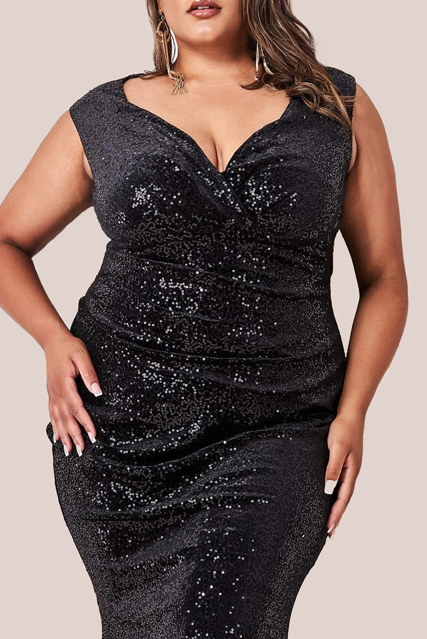 Goddiva Plus Sequin & Velvet Bardot Maxi Dress - Black