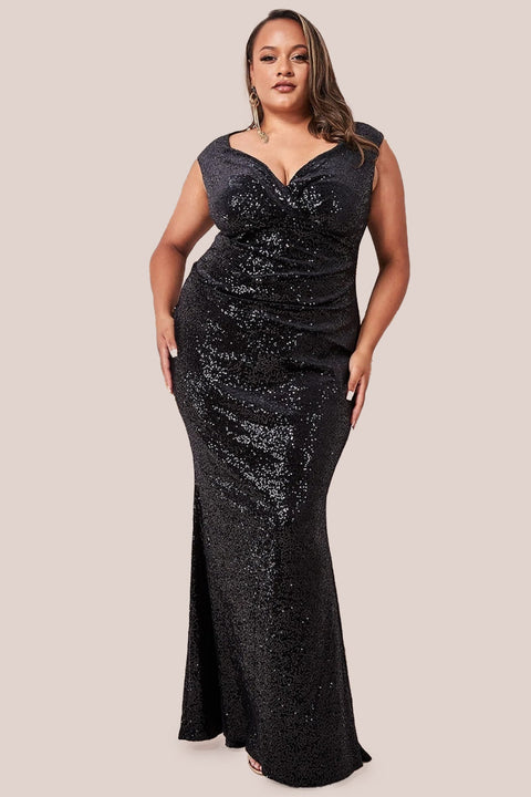 Goddiva Plus Sequin & Velvet Bardot Maxi Dress - Black