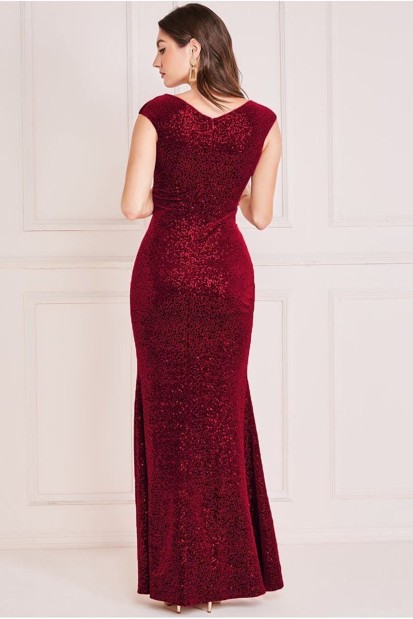 Goddiva Sequin & Velvet Bardot Maxi Dress - Wine