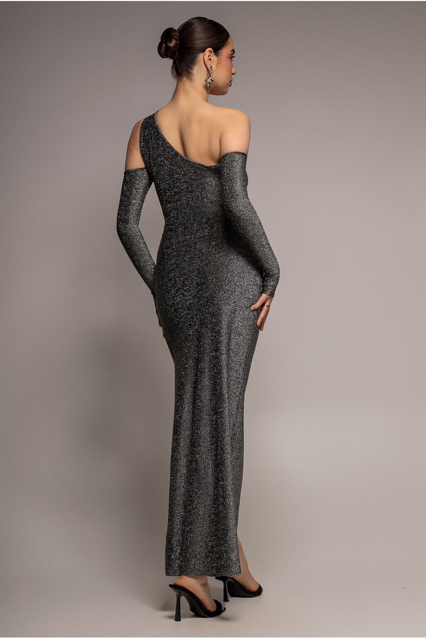 Goddiva Cold Shoulder Lurex Maxi With Thigh Split - Silver