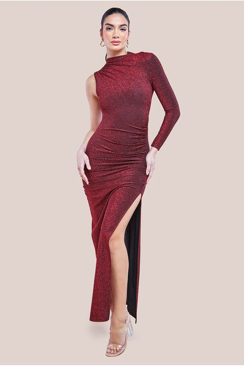 Goddiva Open Lurex Back One Sleeve Maxi Dress - Red