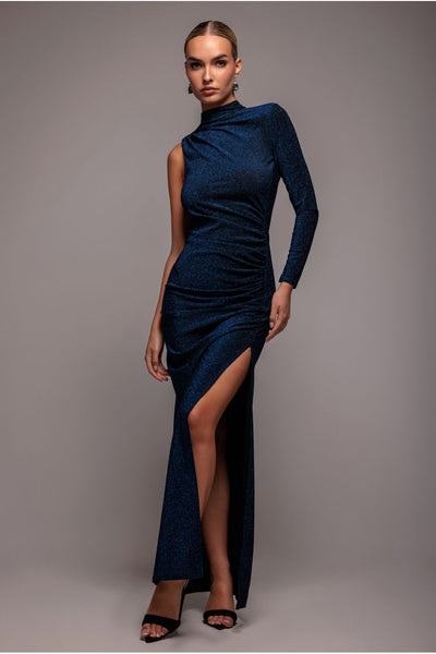 RoyalBlue - Goddiva Open Lurex Back One Sleeve Maxi Dress - Royal Blue
