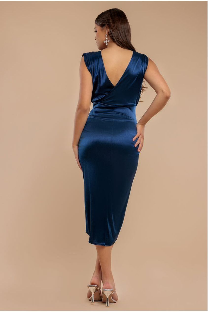 Goddiva Satin Wrap Knotted Midi Dress - Navy