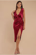 Goddiva Satin Wrap Knotted Midi Dress - Wine