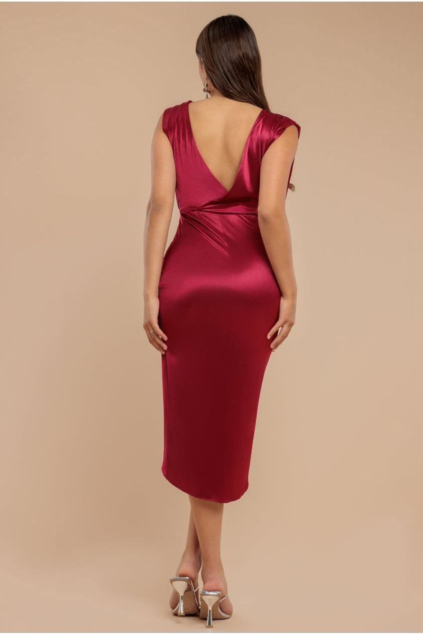 Goddiva Satin Wrap Knotted Midi Dress - Wine