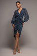 Goddiva Printed Long Sleeve Drawstring Midi Dress - Navy Print
