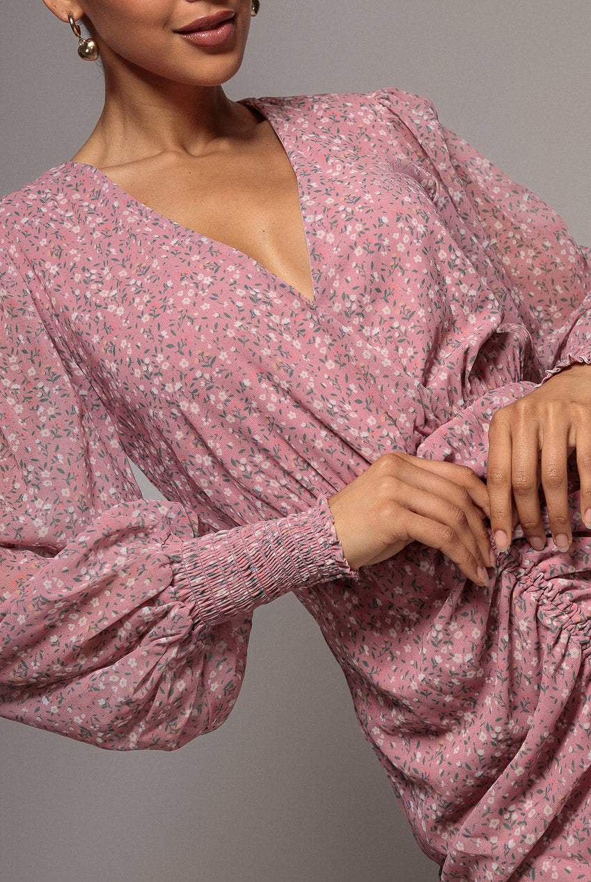 Goddiva Printed Long Sleeve Drawstring Midi Dress - Dusky Pink