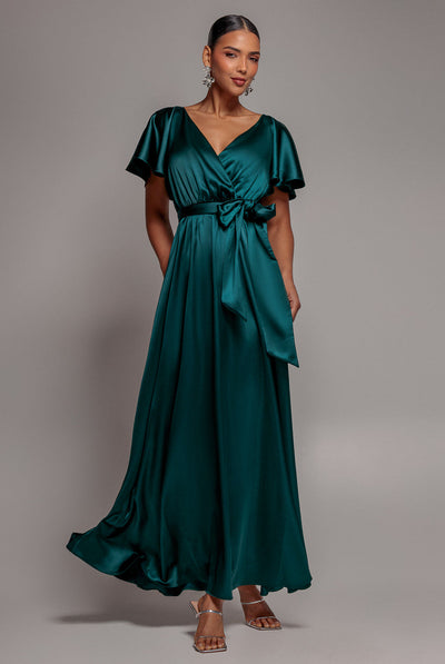 Green - Goddiva Satin Flutter Sleeve Wrap Maxi Dress - Emerald Green