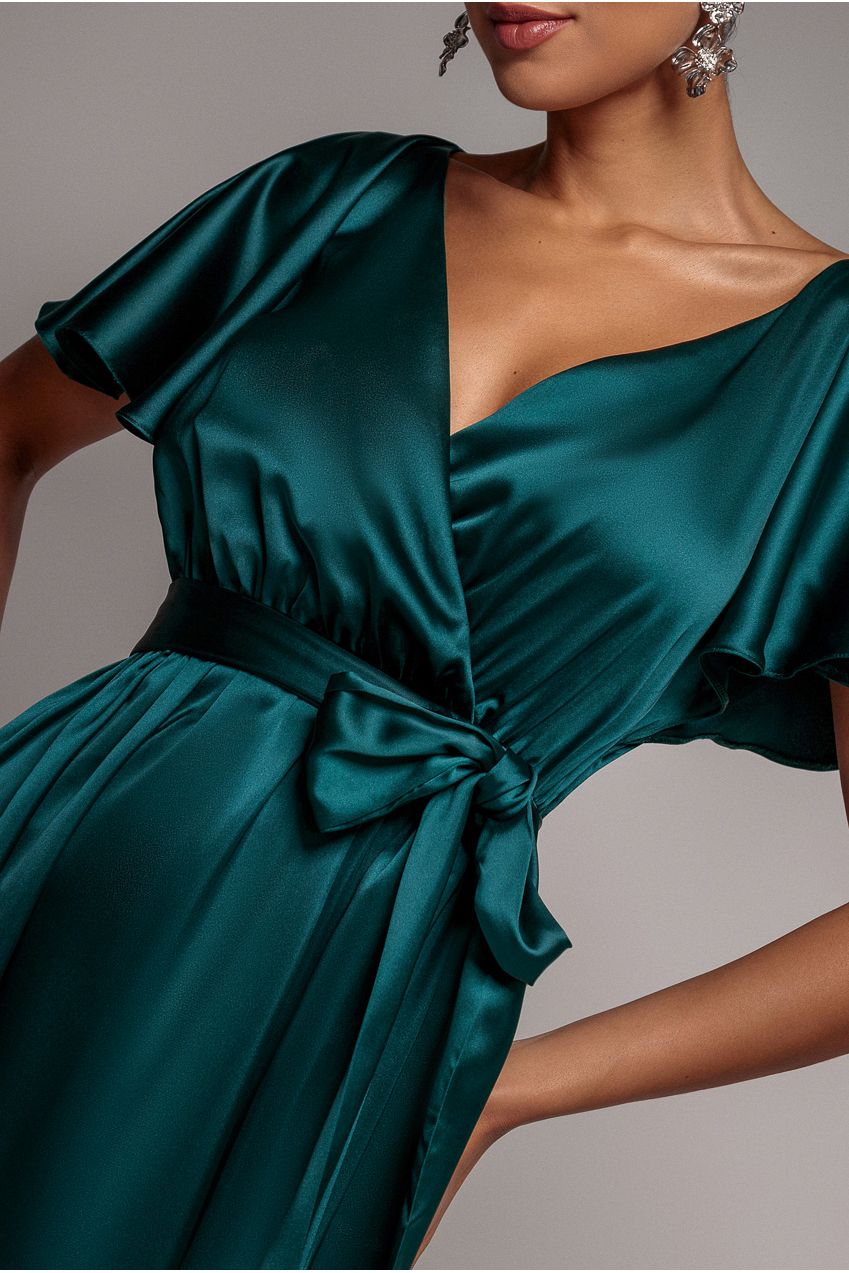 Goddiva Satin Flutter Sleeve Wrap Maxi Dress - Emerald Green