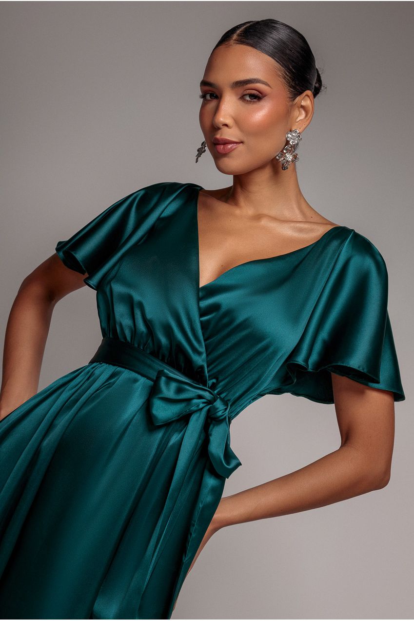 Goddiva Satin Flutter Sleeve Wrap Maxi Dress - Emerald Green