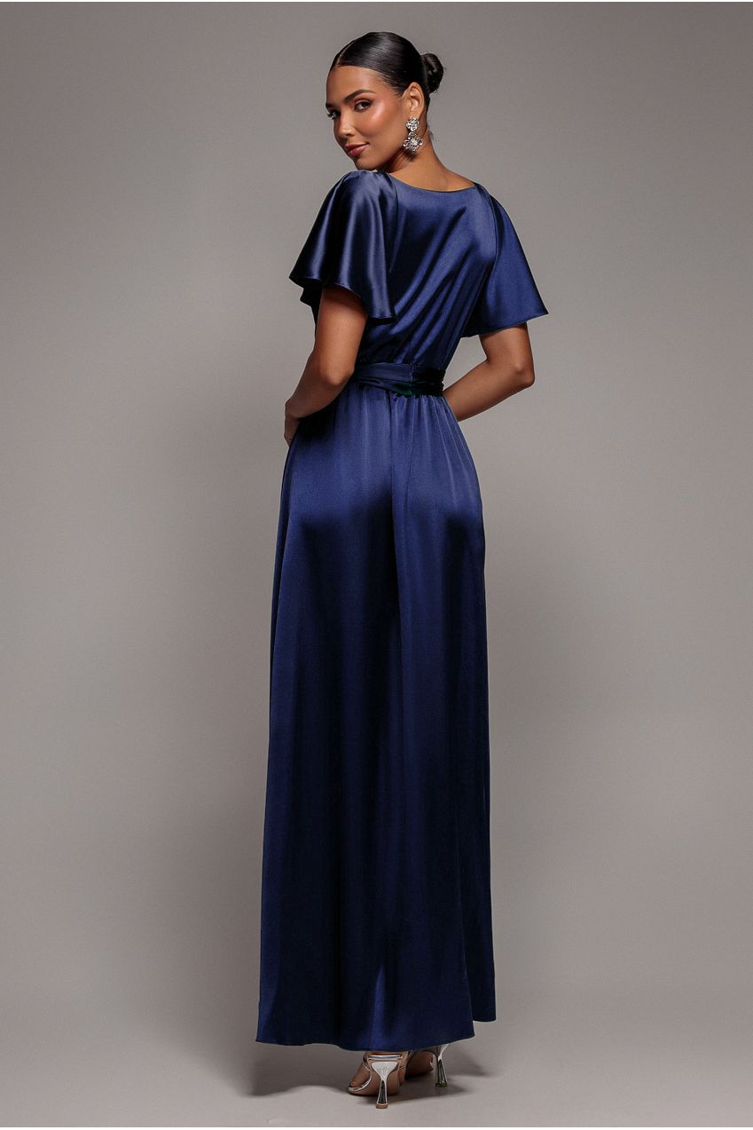 Goddiva Satin Flutter Sleeve Wrap Maxi Dress - Navy Blue
