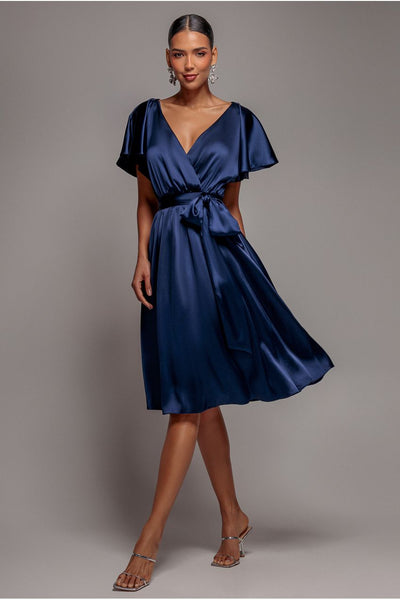 Goddiva Satin Flutter Sleeve Wrap Midi Dress