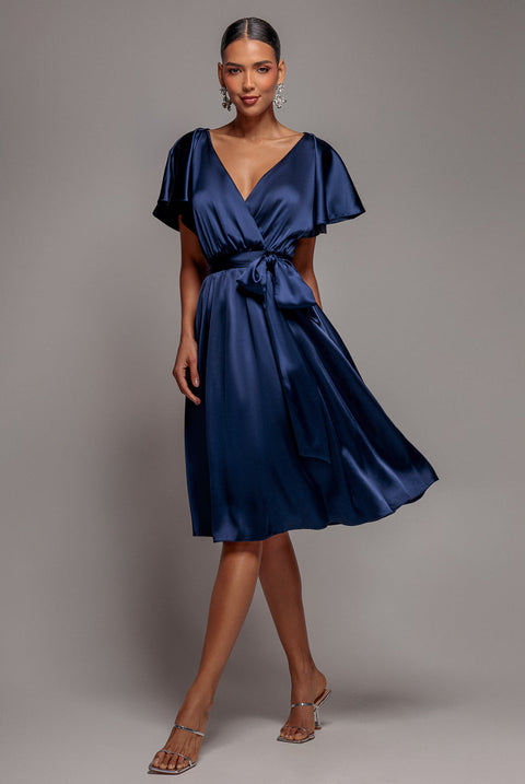 Goddiva Satin Flutter Sleeve Wrap Midi Dress - Navy Blue