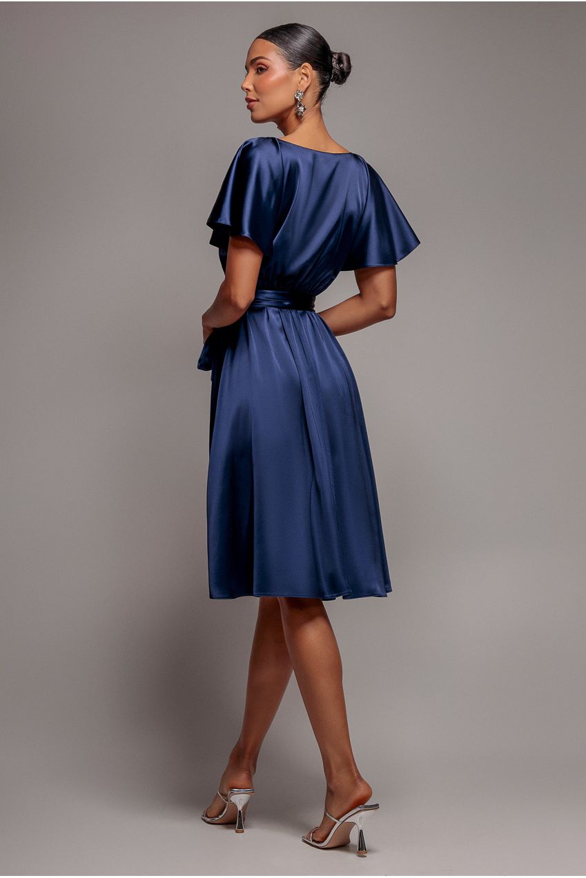 Goddiva Satin Flutter Sleeve Wrap Midi Dress - Navy Blue