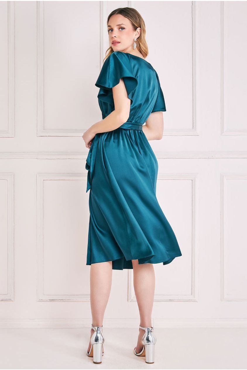 Goddiva Flutter Sleeve With Elastic Midi Dress - Emerald Green