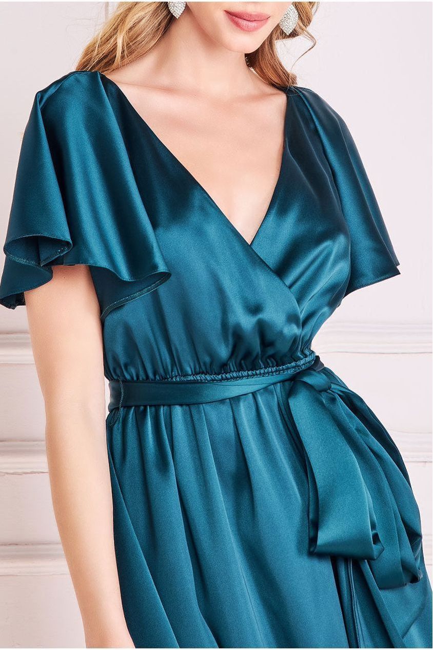 Goddiva Flutter Sleeve With Elastic Midi Dress - Emerald Green