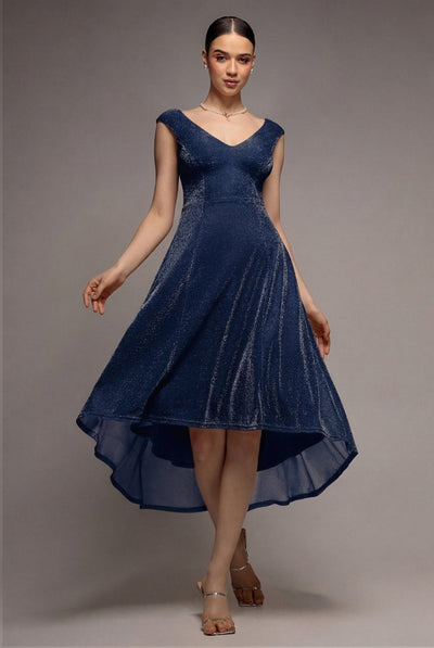 Navy - Goddiva Off The Shoulder Lurex High Low Dress - Navy