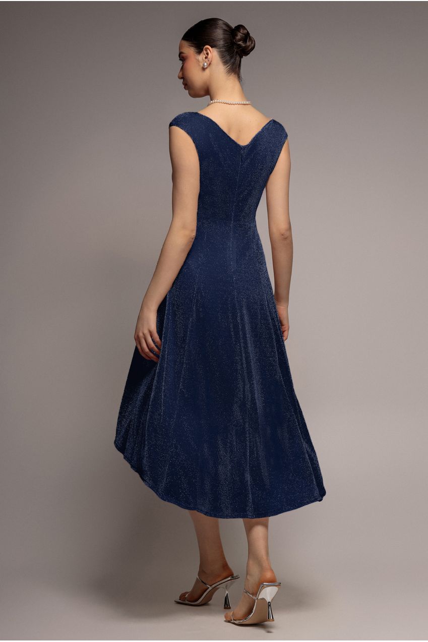 Goddiva Off The Shoulder Lurex High Low Dress - Navy