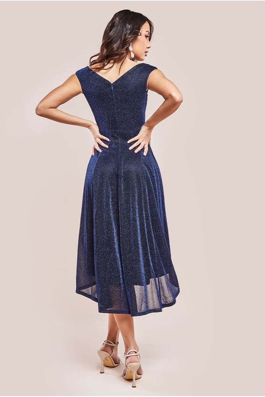 Goddiva Off The Shoulder Lurex High Low Dress - Navy