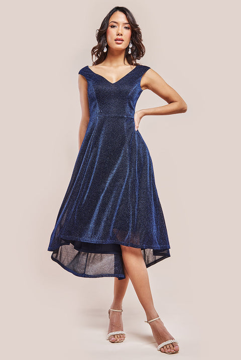 Goddiva Off The Shoulder Lurex High Low Dress - Navy