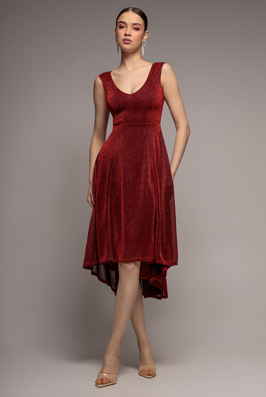 Off The Shoulder Lurex High Low Dress - Red