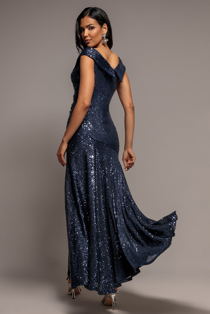 Goddiva Bardot Sequin Pleated Maxi Dress - Navy