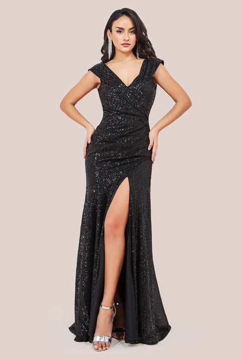 Goddiva Bardot Sequin Pleated Maxi Dress - Black