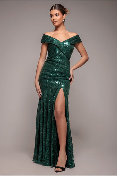 Emerald - Goddiva Bardot Sequin Pleated Maxi Dress - Emerald Green