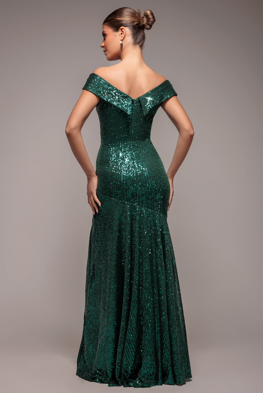 Goddiva Bardot Sequin Pleated Maxi Dress - Emerald Green