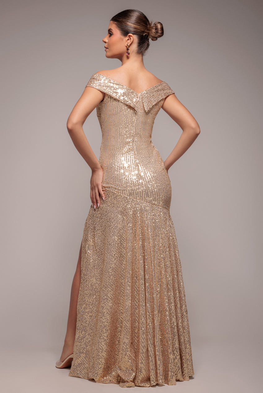 Goddiva Bardot Sequin Pleated Maxi Dress - Gold