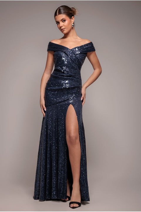 Goddiva Bardot Sequin Pleated Maxi Dress - Navy
