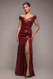 Goddiva Bardot Sequin Pleated Maxi Dress - Wine
