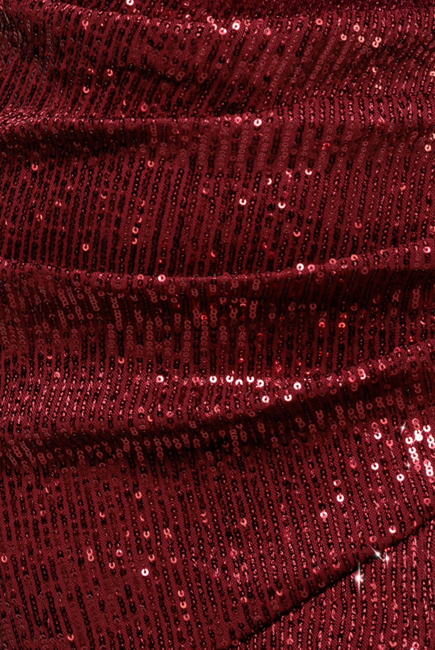 Goddiva Bardot Sequin Pleated Maxi Dress - Wine