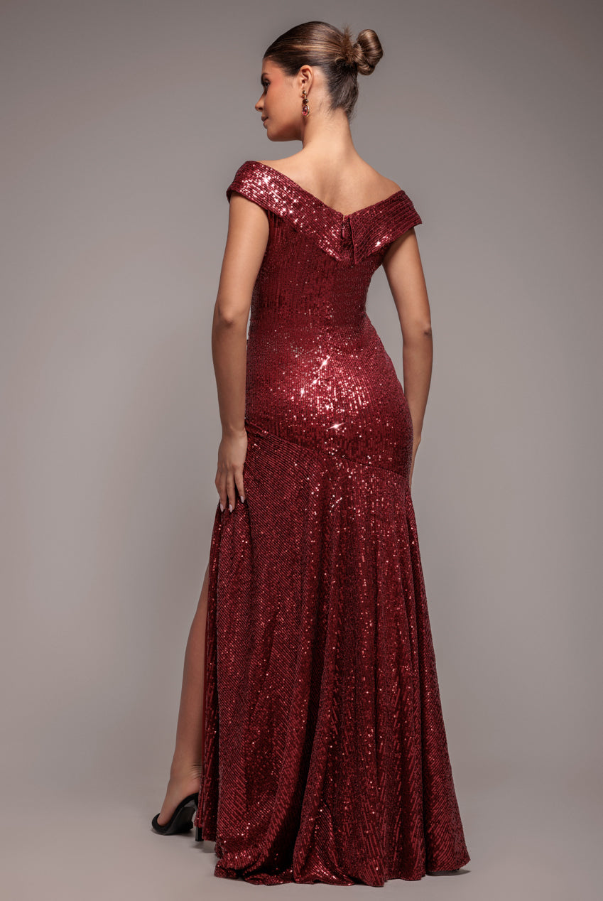 Goddiva Bardot Sequin Pleated Maxi Dress - Wine